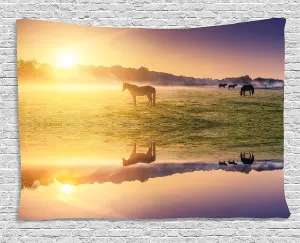 Ambesonne Nature Tapestry, Horse Valley in South a Lake Reflection and Sun Rising Above Mountains Print, Wide Wall Hanging for Bedroom Living Room Dorm, 60" X 40", Pale Yellow