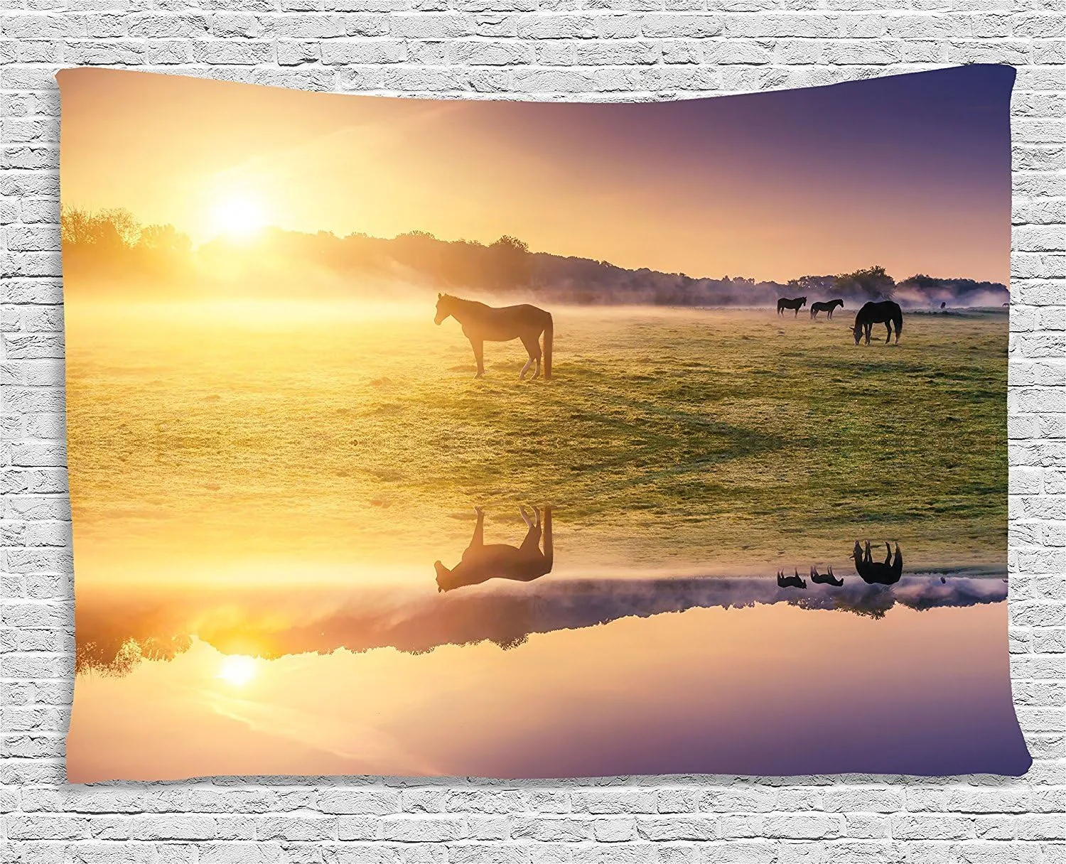 Ambesonne Nature Tapestry, Horse Valley in South a Lake Reflection and Sun Rising Above Mountains Print, Wide Wall Hanging for Bedroom Living Room Dorm, 60" X 40", Pale Yellow