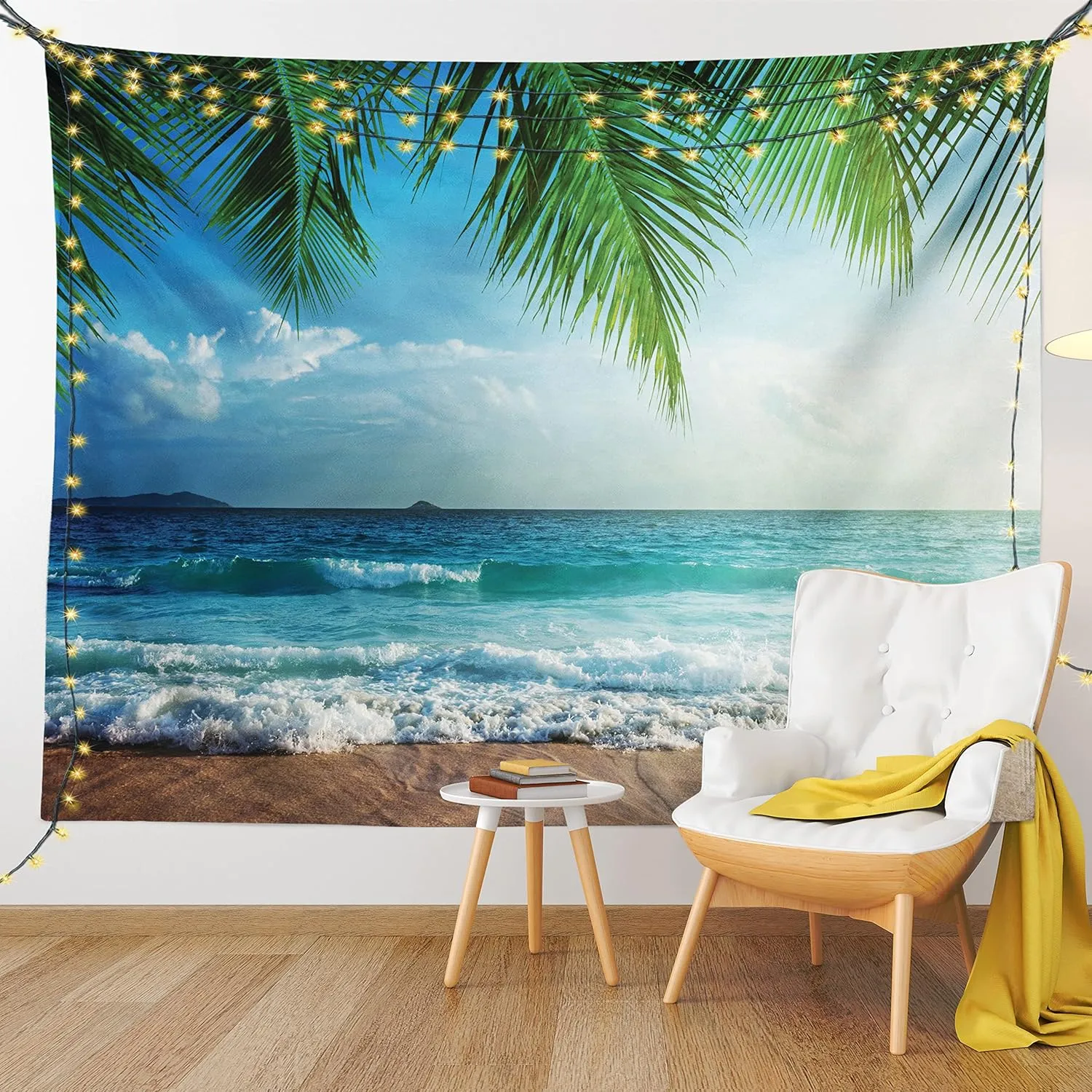 Ambesonne Ocean Tapestry, Palms Tropical Island Beach Maldives Photography Home Postcard Traveler Explorer, Wall Hanging for Bedroom Living Room Dorm Decor, 60" X 80", Green and Blue