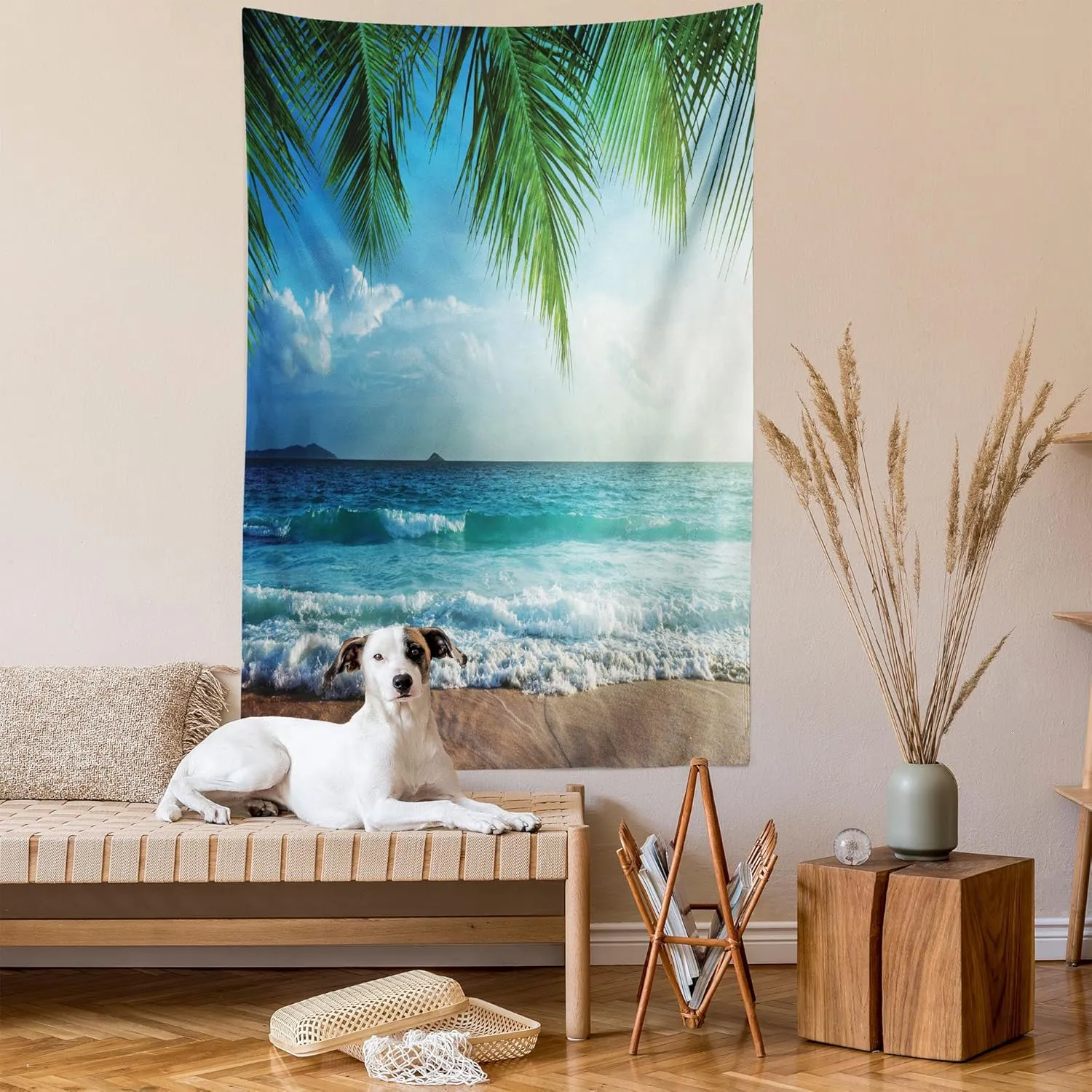 Ambesonne Ocean Tapestry, Palms Tropical Island Beach Maldives Photography Home Postcard Traveler Explorer, Wall Hanging for Bedroom Living Room Dorm Decor, 60" X 80", Green and Blue