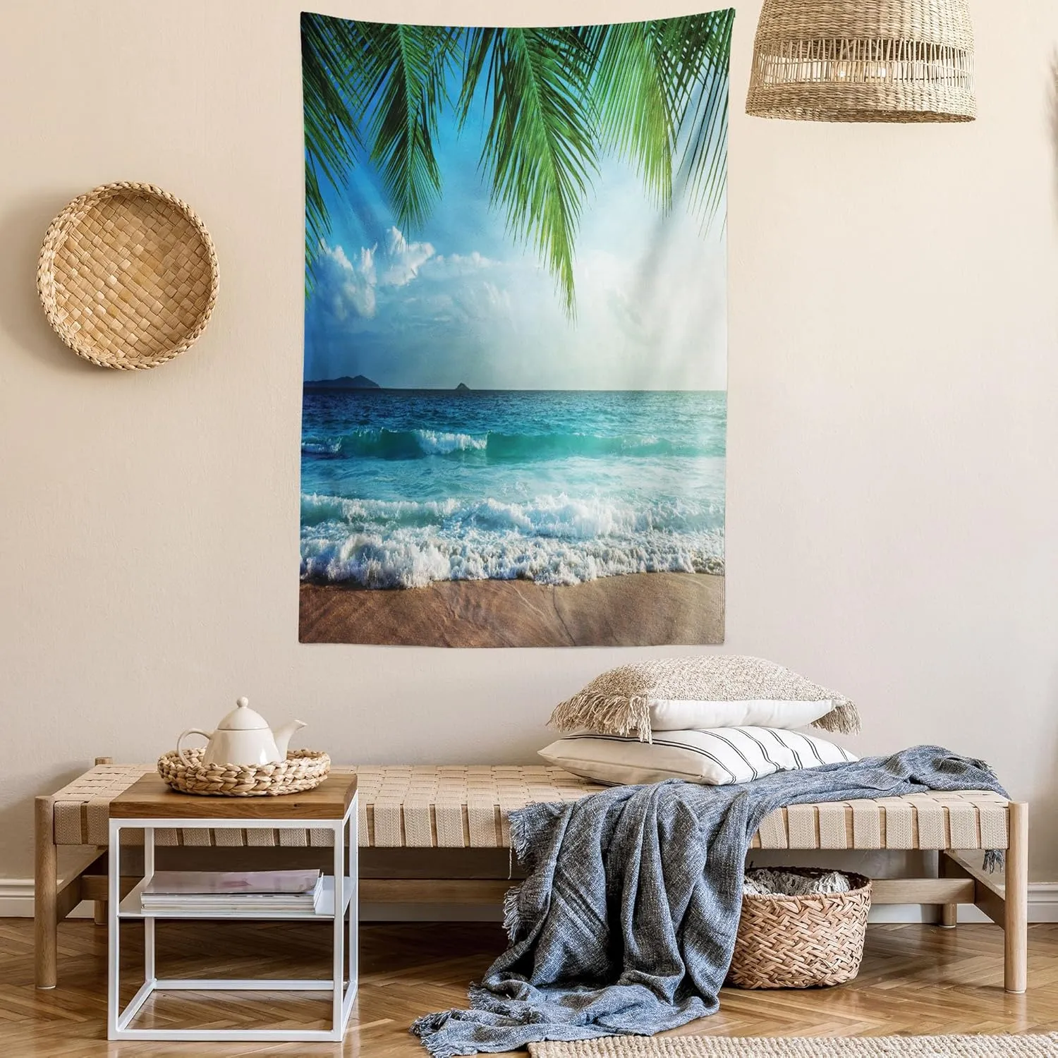 Ambesonne Ocean Tapestry, Palms Tropical Island Beach Maldives Photography Home Postcard Traveler Explorer, Wall Hanging for Bedroom Living Room Dorm Decor, 60" X 80", Green and Blue