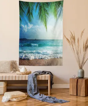 Ambesonne Ocean Tapestry, Palms Tropical Island Beach Maldives Photography Home Postcard Traveler Explorer, Wall Hanging for Bedroom Living Room Dorm Decor, 60" X 80", Green and Blue