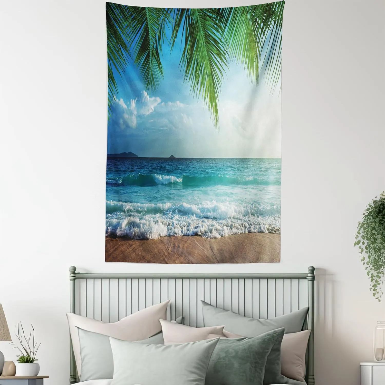 Ambesonne Ocean Tapestry, Palms Tropical Island Beach Maldives Photography Home Postcard Traveler Explorer, Wall Hanging for Bedroom Living Room Dorm Decor, 60" X 80", Green and Blue