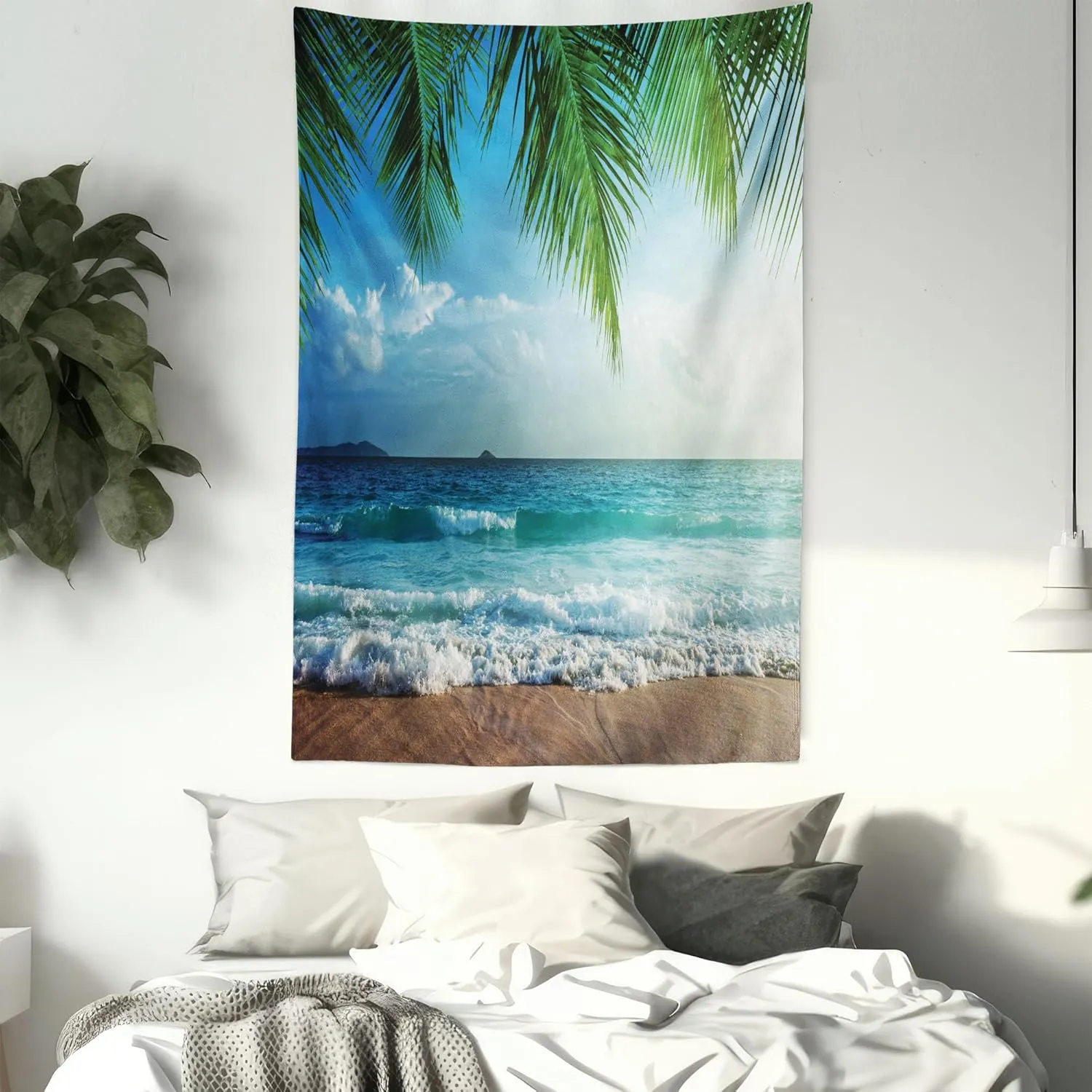 Ambesonne Ocean Tapestry, Palms Tropical Island Beach Maldives Photography Home Postcard Traveler Explorer, Wall Hanging for Bedroom Living Room Dorm Decor, 60" X 80", Green and Blue