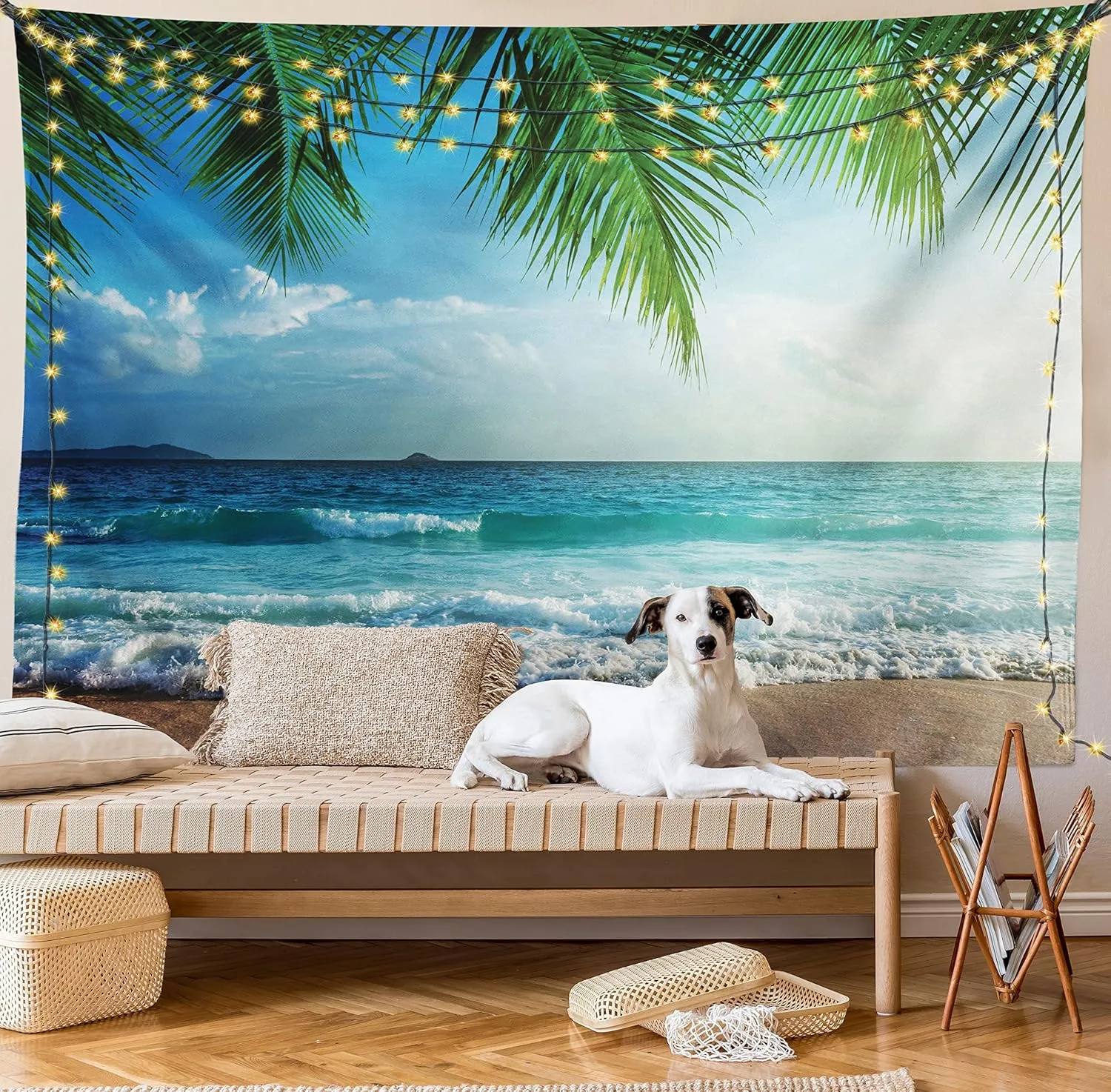 Ambesonne Ocean Tapestry, Palms Tropical Island Beach Maldives Photography Home Postcard Traveler Explorer, Wall Hanging for Bedroom Living Room Dorm Decor, 60" X 80", Green and Blue