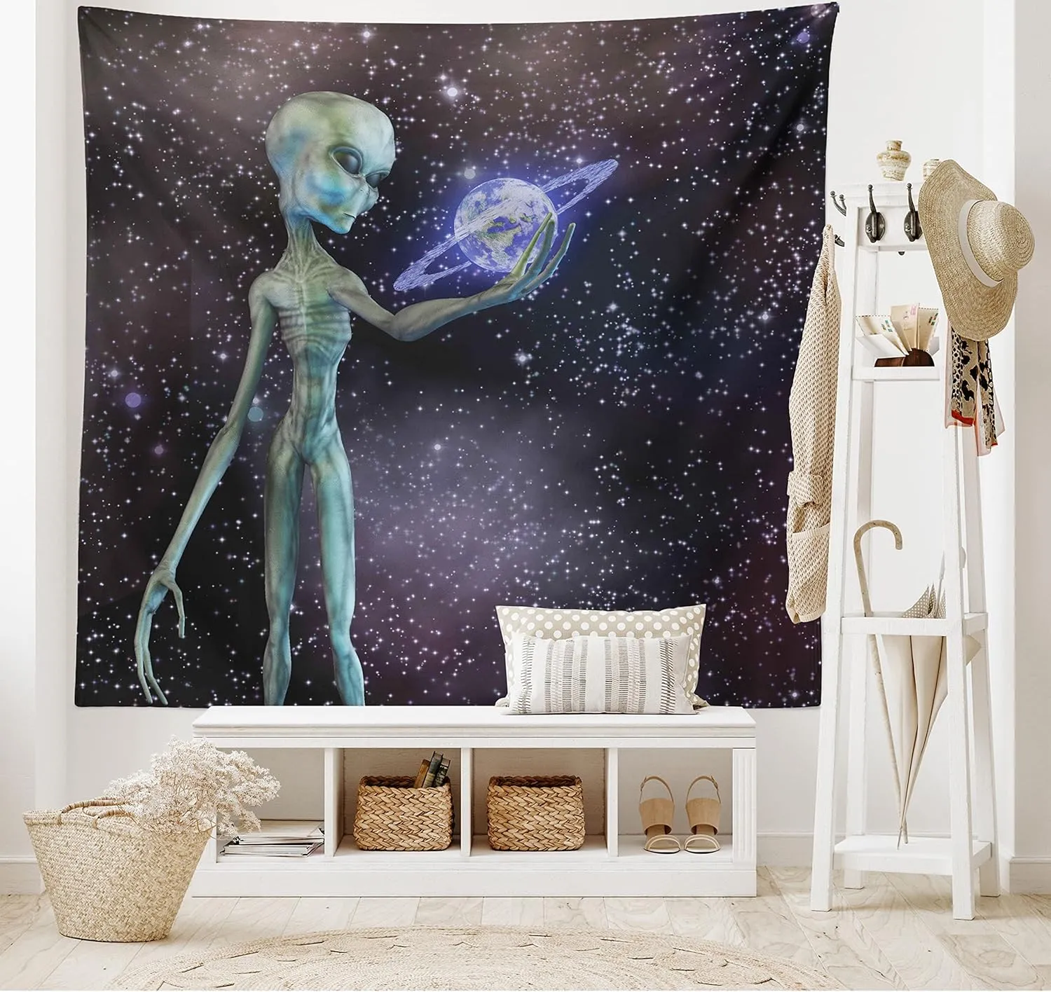 Ambesonne Outer Space Tapestry, Alien Body Planet in Milky Way Star Clusters Extraterrestrial Creature Image, Wide Wall Hanging for Bedroom Living Room Dorm, 80" X 60", Dark Purple