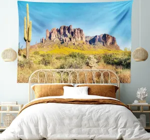 Ambesonne Saguaro Tapestry, Blooming Brittlebush Superstition Wilderness by The Mountain Phoenix View, Wide Wall Hanging for Bedroom Living Room Dorm, 60" X 40", Orange and Brown