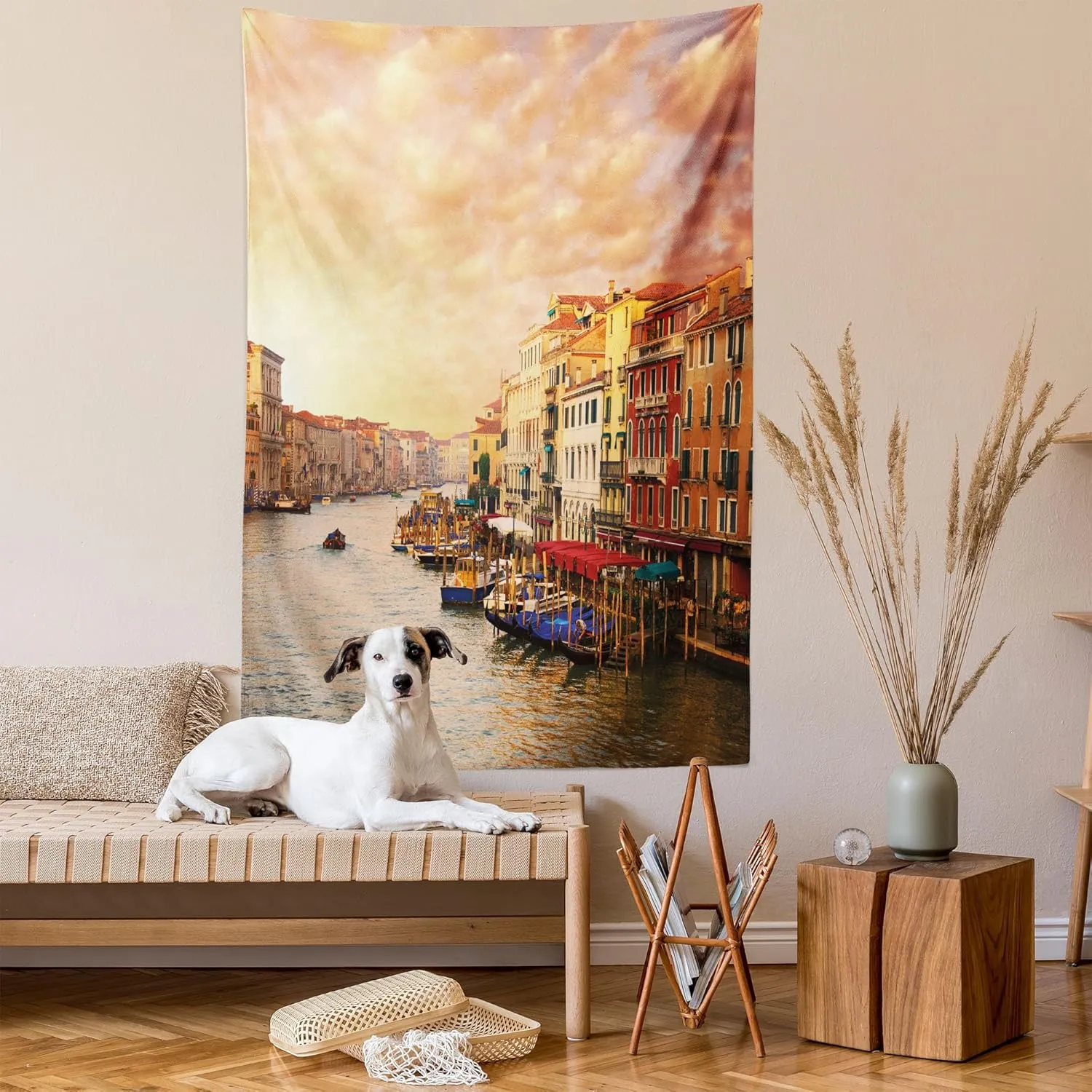 Ambesonne Scenery Tapestry, Venezia City Italian Landscape with Old Houses Gondollas and Spikes Image, Wall Hanging for Bedroom Living Room Dorm Decor, 60" X 80", Orange Yellow