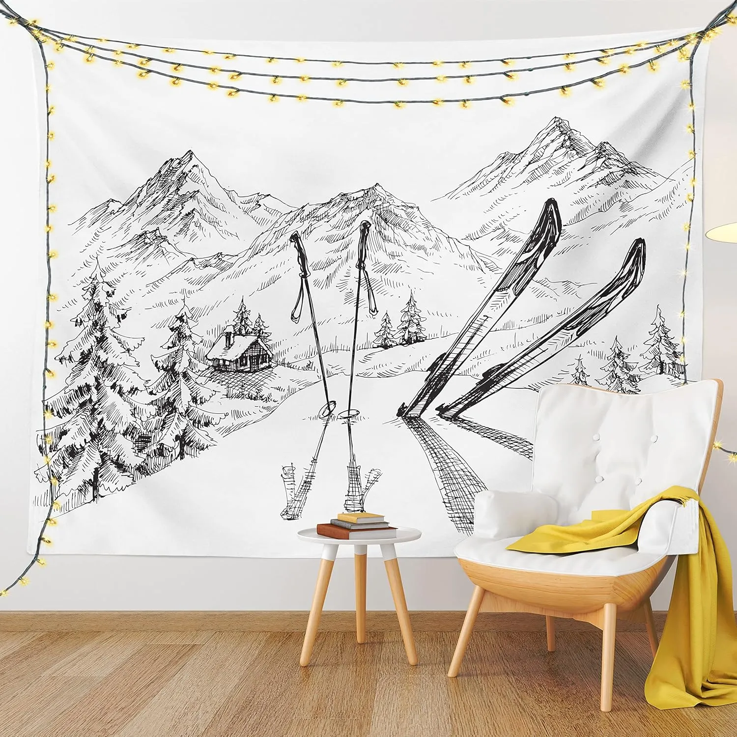 Ambesonne Sports Tapestry, Winter Seasonal Activity Skiing Gear on The Mountain Peak Everest Sketchy Image, Wide Wall Hanging for Bedroom Living Room Dorm, 60" X 40", White and Black