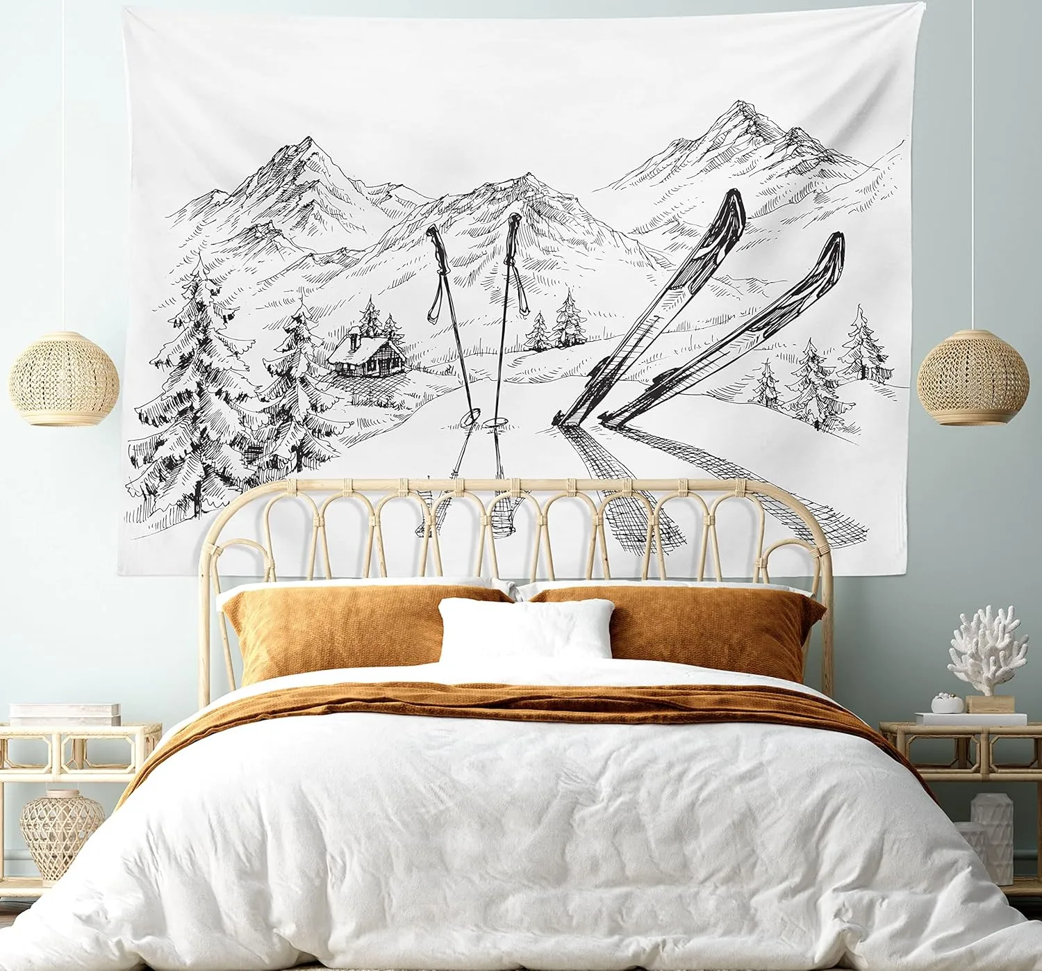 Ambesonne Sports Tapestry, Winter Seasonal Activity Skiing Gear on The Mountain Peak Everest Sketchy Image, Wide Wall Hanging for Bedroom Living Room Dorm, 60" X 40", White and Black
