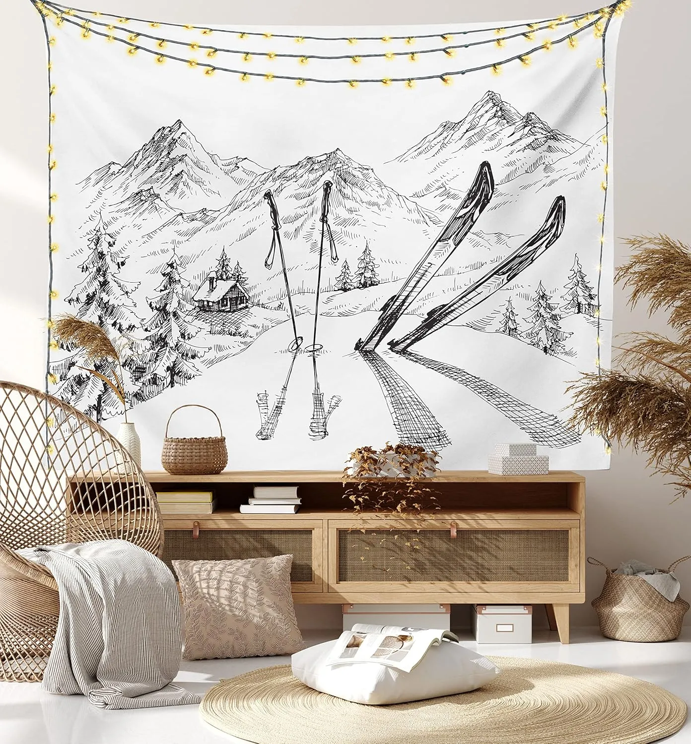 Ambesonne Sports Tapestry, Winter Seasonal Activity Skiing Gear on The Mountain Peak Everest Sketchy Image, Wide Wall Hanging for Bedroom Living Room Dorm, 60" X 40", White and Black