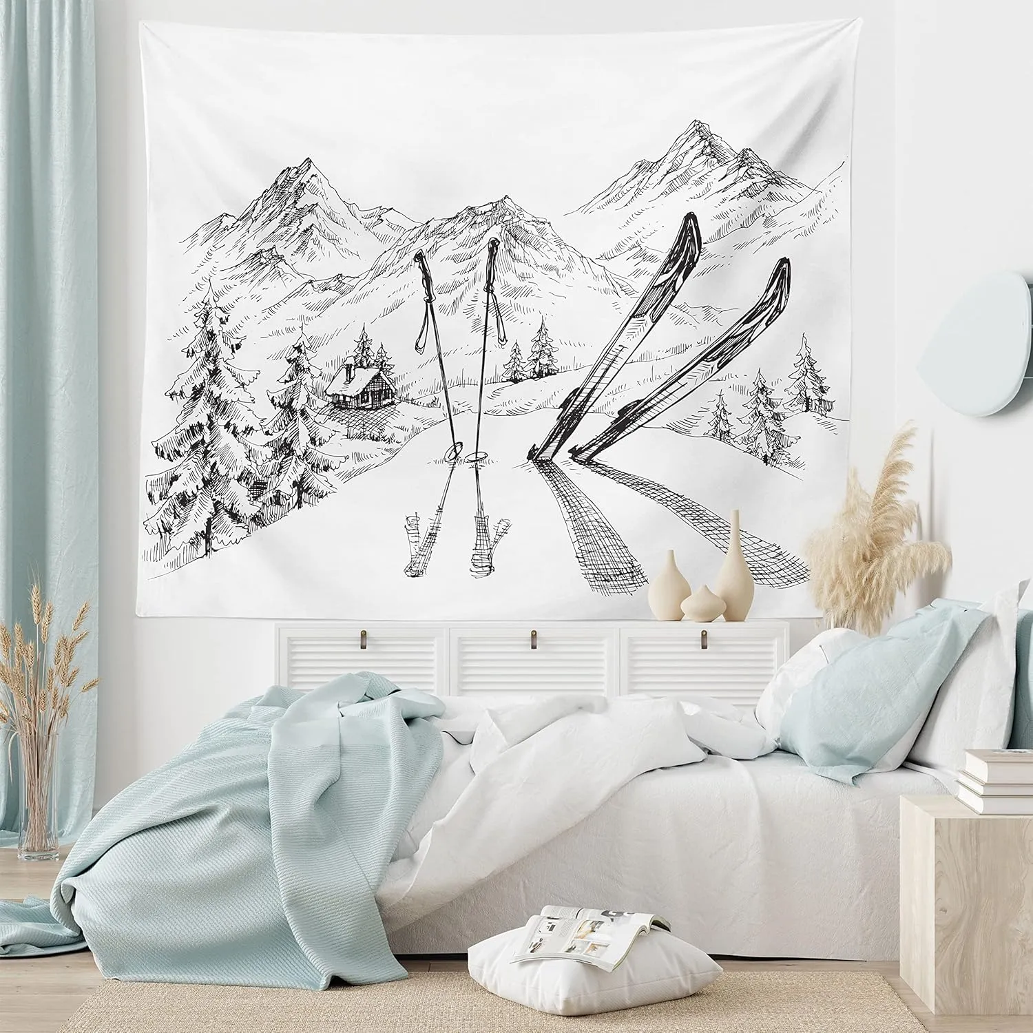 Ambesonne Sports Tapestry, Winter Seasonal Activity Skiing Gear on The Mountain Peak Everest Sketchy Image, Wide Wall Hanging for Bedroom Living Room Dorm, 60" X 40", White and Black