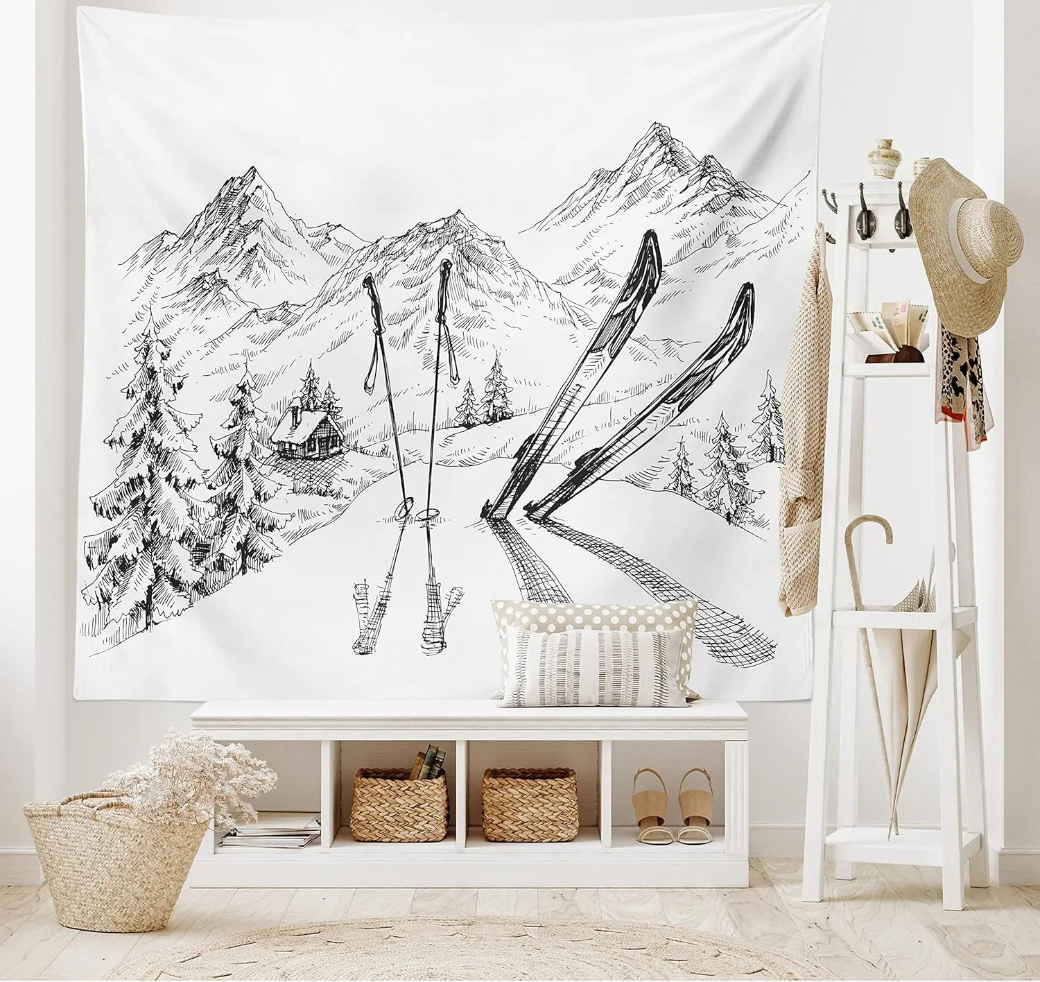Ambesonne Sports Tapestry, Winter Seasonal Activity Skiing Gear on The Mountain Peak Everest Sketchy Image, Wide Wall Hanging for Bedroom Living Room Dorm, 60" X 40", White and Black