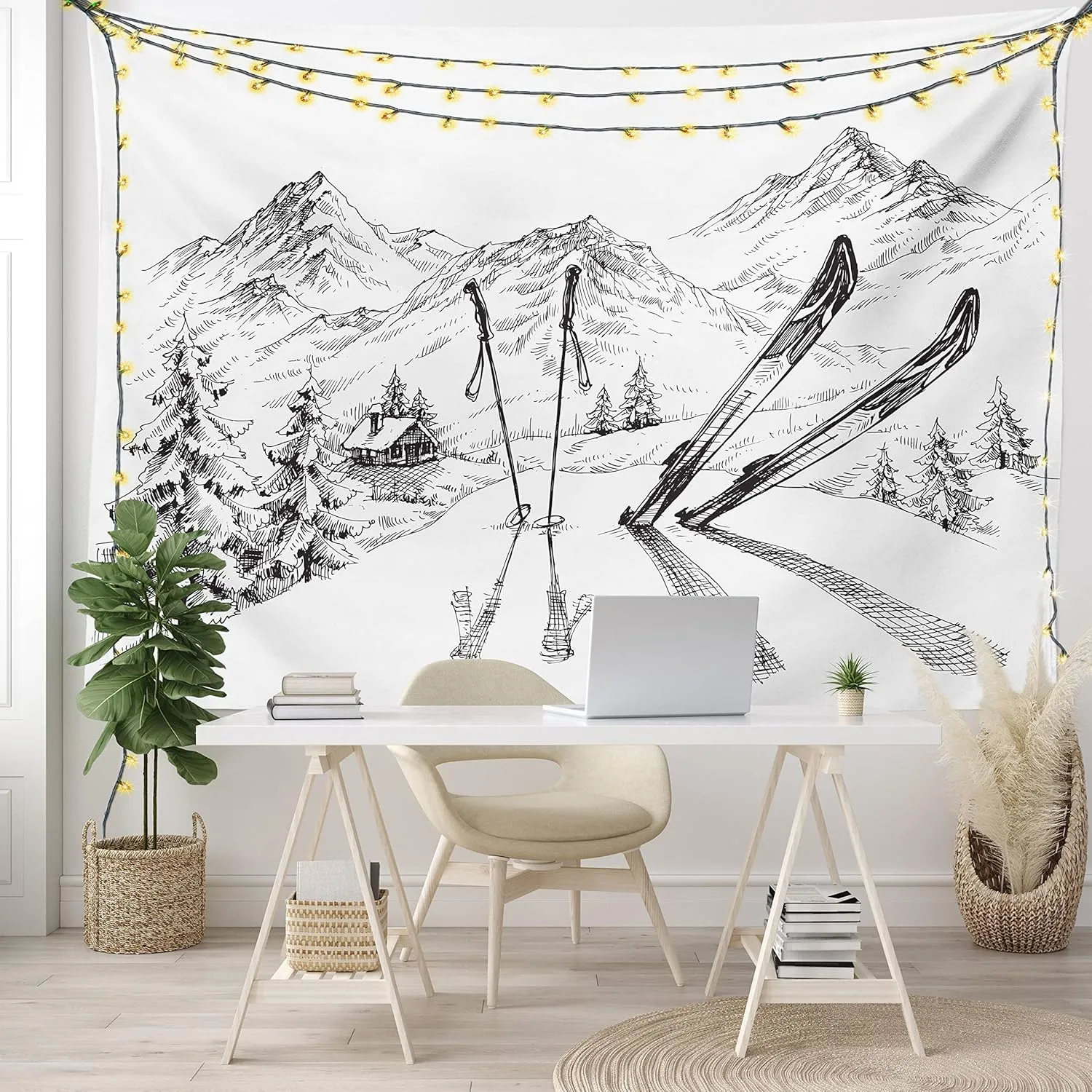 Ambesonne Sports Tapestry, Winter Seasonal Activity Skiing Gear on The Mountain Peak Everest Sketchy Image, Wide Wall Hanging for Bedroom Living Room Dorm, 60" X 40", White and Black