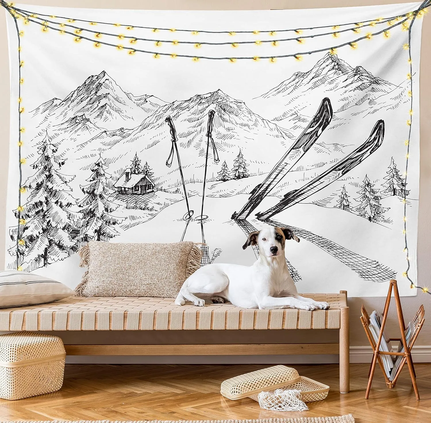 Ambesonne Sports Tapestry, Winter Seasonal Activity Skiing Gear on The Mountain Peak Everest Sketchy Image, Wide Wall Hanging for Bedroom Living Room Dorm, 60" X 40", White and Black