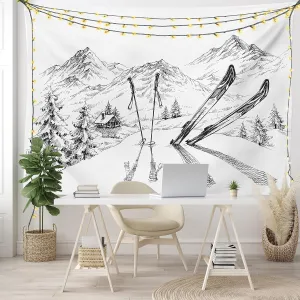Ambesonne Sports Tapestry, Winter Seasonal Activity Skiing Gear on The Mountain Peak Everest Sketchy Image, Wide Wall Hanging for Bedroom Living Room Dorm, 60" X 40", White and Black