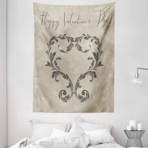 Ambesonne Taupe Tapestry, Happy Valentine's Day Hand Writing Laurel Leaves Forming a Heart Victorian, Wall Hanging for Bedroom Living Room Dorm Decor, 60" X 80", Taupe Tan