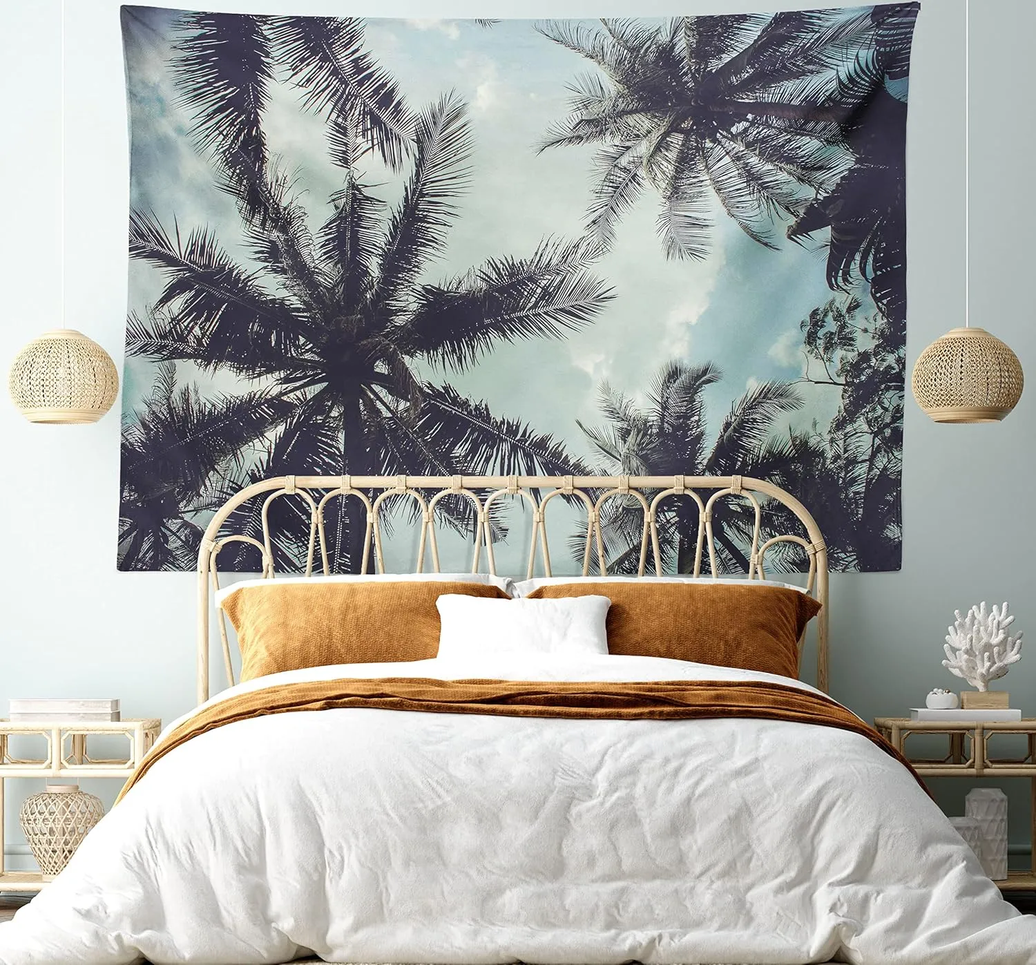 Ambesonne Tropical Tapestry, Upward Coconut Palms to Clouds Exotic Land Paradise Tourism Summer View, Wide Wall Hanging for Bedroom Living Room Dorm, 80" X 60", Turquoise Eggplant