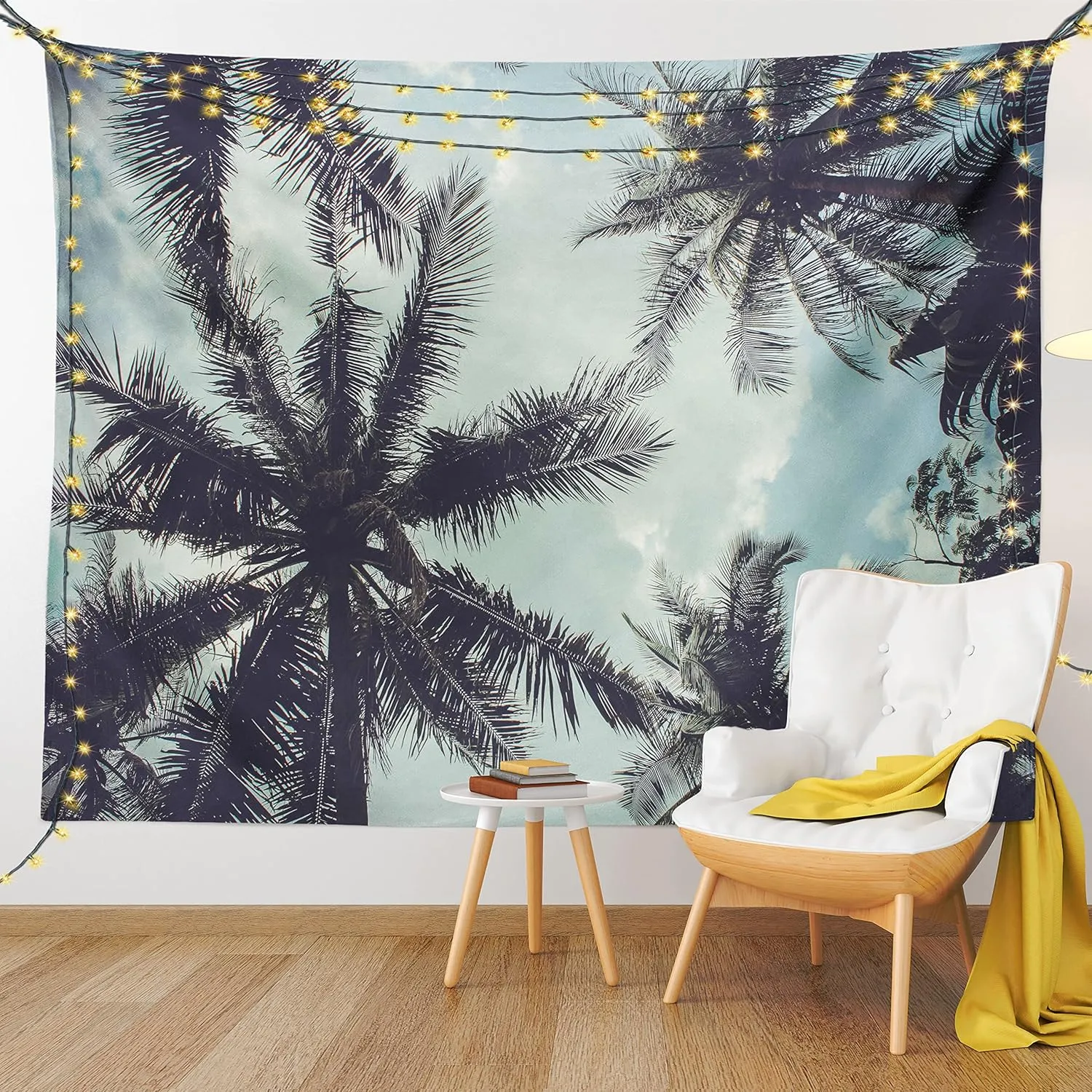 Ambesonne Tropical Tapestry, Upward Coconut Palms to Clouds Exotic Land Paradise Tourism Summer View, Wide Wall Hanging for Bedroom Living Room Dorm, 80" X 60", Turquoise Eggplant