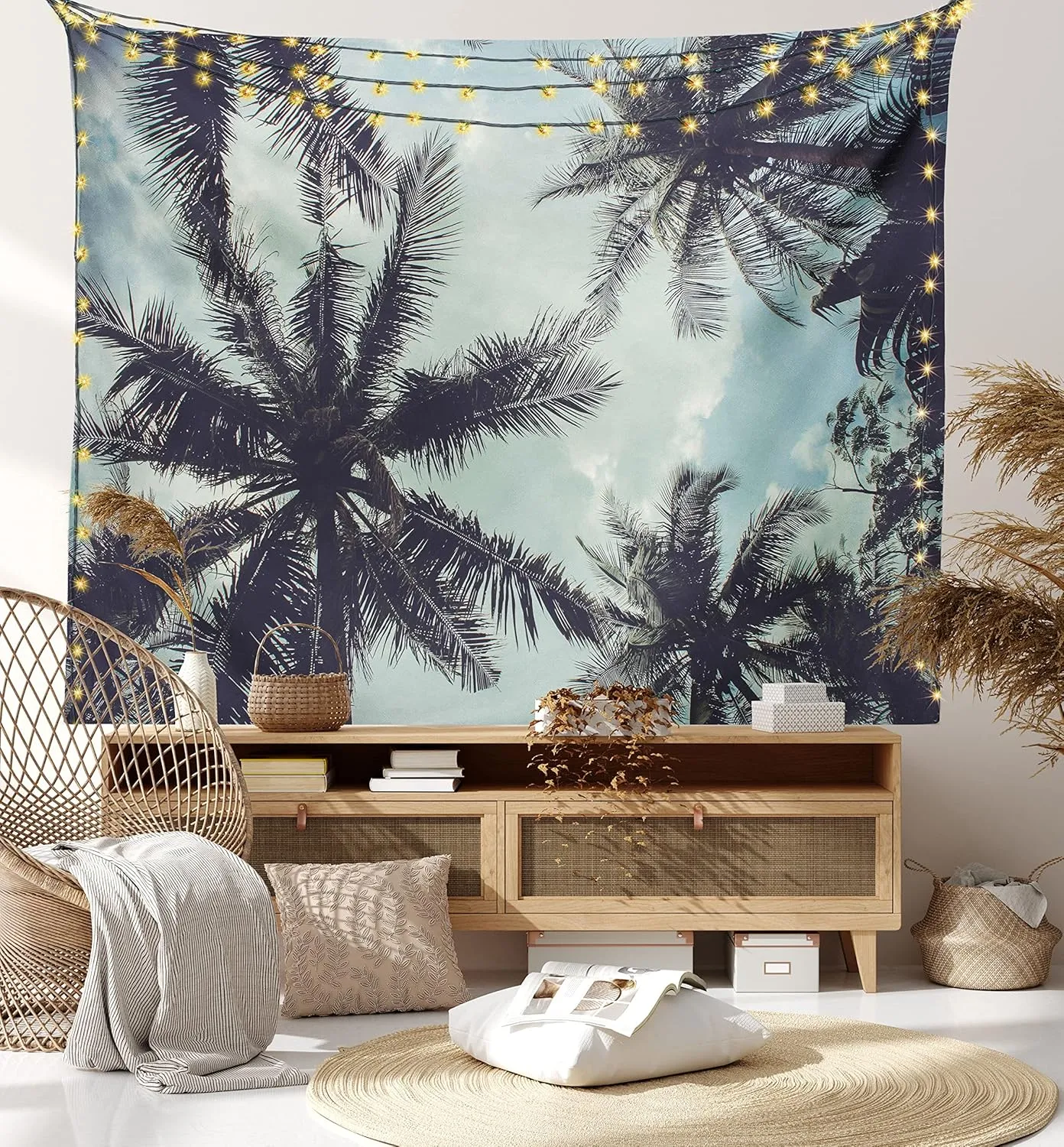 Ambesonne Tropical Tapestry, Upward Coconut Palms to Clouds Exotic Land Paradise Tourism Summer View, Wide Wall Hanging for Bedroom Living Room Dorm, 80" X 60", Turquoise Eggplant