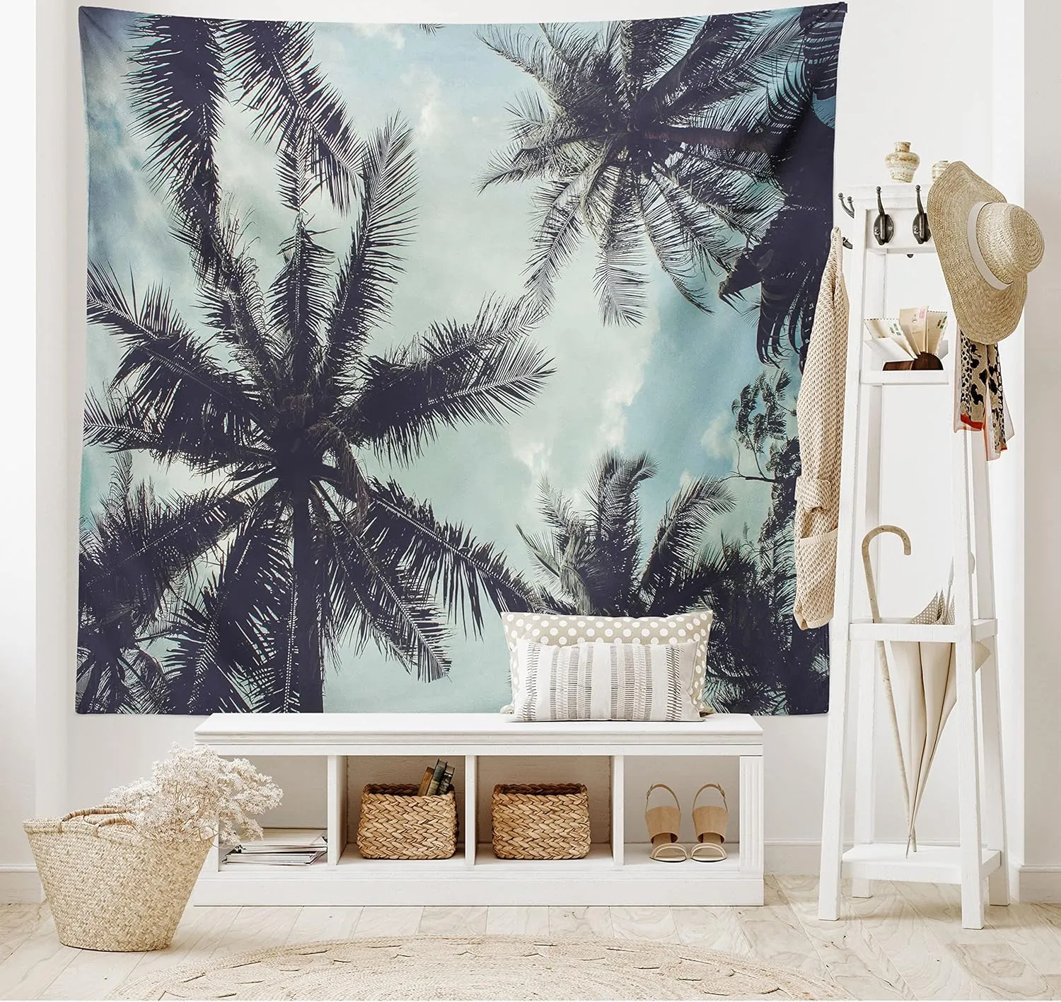 Ambesonne Tropical Tapestry, Upward Coconut Palms to Clouds Exotic Land Paradise Tourism Summer View, Wide Wall Hanging for Bedroom Living Room Dorm, 80" X 60", Turquoise Eggplant