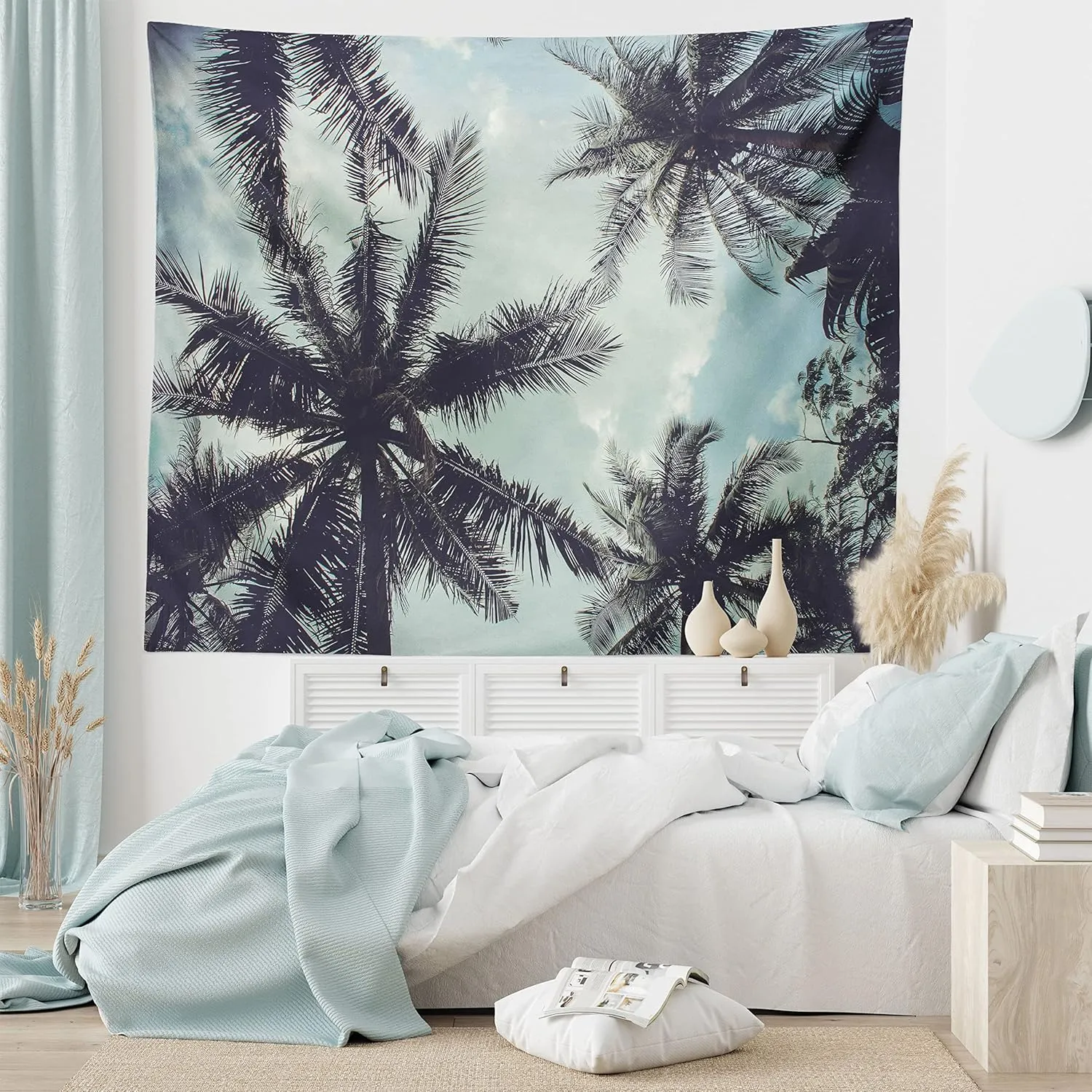 Ambesonne Tropical Tapestry, Upward Coconut Palms to Clouds Exotic Land Paradise Tourism Summer View, Wide Wall Hanging for Bedroom Living Room Dorm, 80" X 60", Turquoise Eggplant