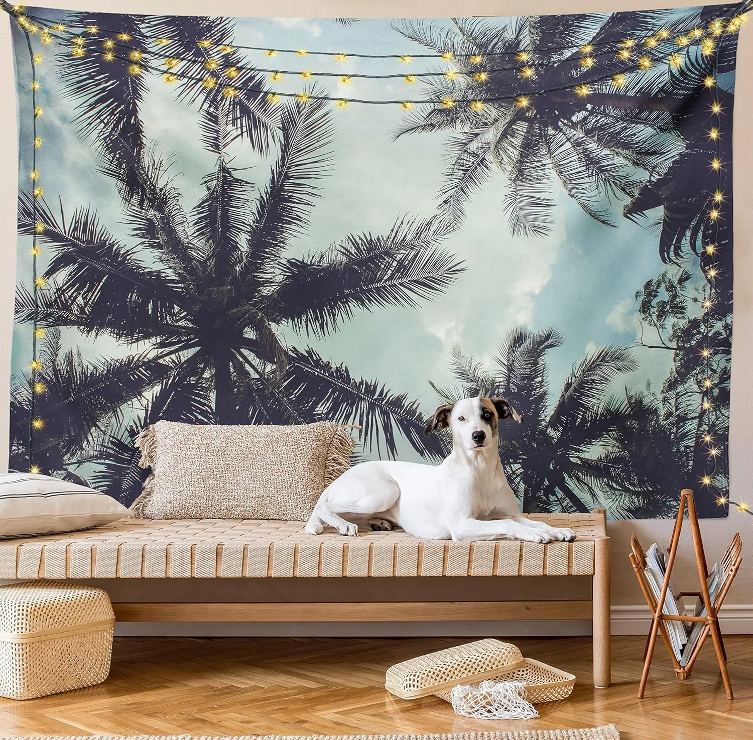 Ambesonne Tropical Tapestry, Upward Coconut Palms to Clouds Exotic Land Paradise Tourism Summer View, Wide Wall Hanging for Bedroom Living Room Dorm, 80" X 60", Turquoise Eggplant