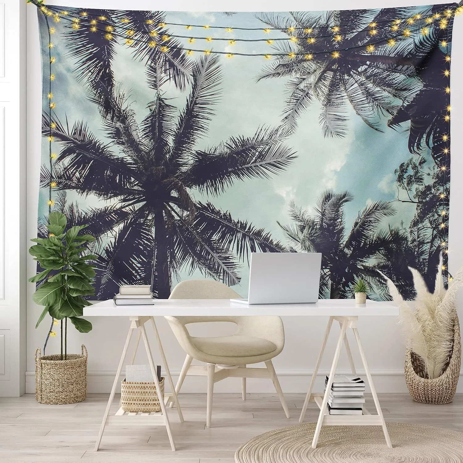 Ambesonne Tropical Tapestry, Upward Coconut Palms to Clouds Exotic Land Paradise Tourism Summer View, Wide Wall Hanging for Bedroom Living Room Dorm, 80" X 60", Turquoise Eggplant