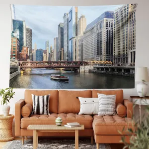 Ambesonne USA Tapestry, Chicago River Lakes and Mississippi Valley Waterways, Wide Wall Hanging for Bedroom Living Room Dorm, 80" X 60", Blue Cinnamon