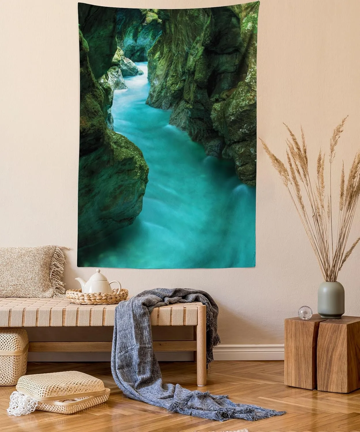 Ambesonne Waterfall Tapestry, Tolminka Alpine River Water and Caves Exotic Nature Travel Picture, Wall Hanging for Bedroom Living Room Dorm Decor, 60" X 80", Green Turquoise