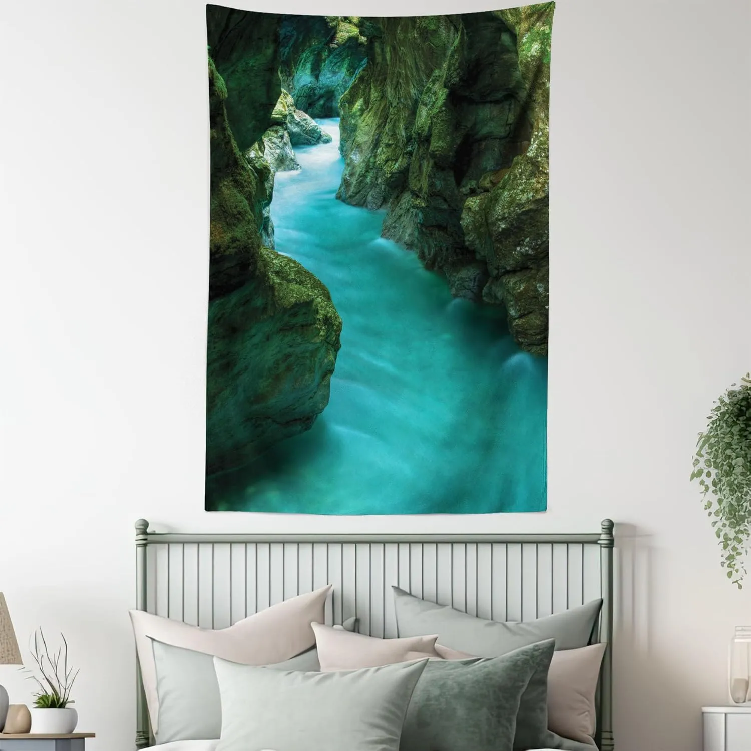 Ambesonne Waterfall Tapestry, Tolminka Alpine River Water and Caves Exotic Nature Travel Picture, Wall Hanging for Bedroom Living Room Dorm Decor, 60" X 80", Green Turquoise