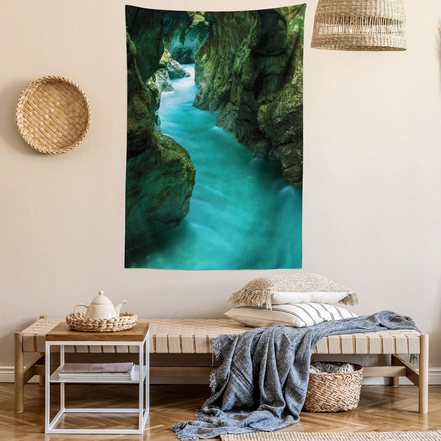 Ambesonne Waterfall Tapestry, Tolminka Alpine River Water and Caves Exotic Nature Travel Picture, Wall Hanging for Bedroom Living Room Dorm Decor, 60" X 80", Green Turquoise