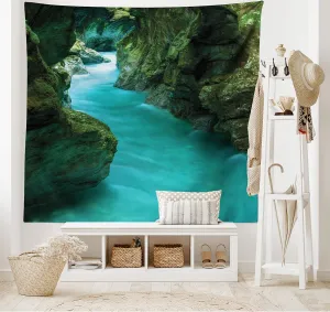 Ambesonne Waterfall Tapestry, Tolminka Alpine River Water and Caves Exotic Nature Travel Picture, Wide Wall Hanging for Bedroom Living Room Dorm, 80" X 60", Green Turquoise