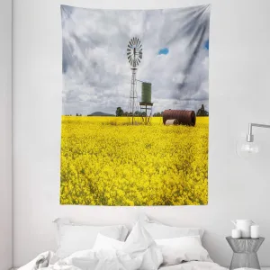 Ambesonne Windmill Tapestry, Canola Meadow Stormy Day Victorian Goldfields Agricultural Farmland, Wall Hanging for Bedroom Living Room Dorm Decor, 60" X 80", Yellow Grey and White