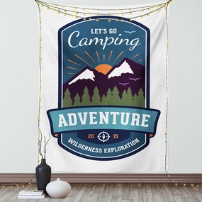 Ambesonne Adventure Tapestry, Signboard of Camping Wilderness Exploration Mountains Illustration, Wall Hanging for Bedroom Living Room Dorm Decor, 40" X 60", White and Multicolor