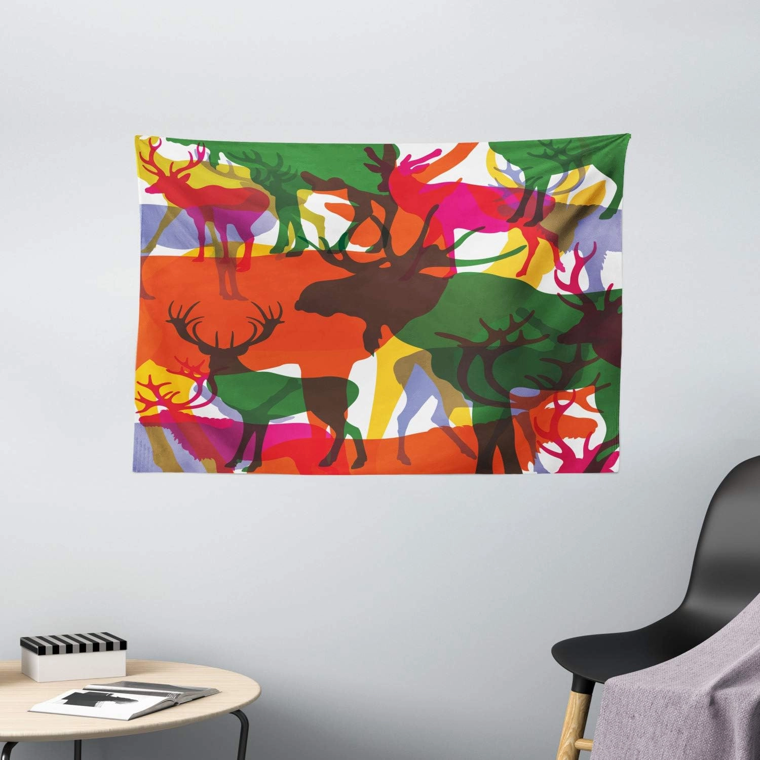 Ambesonne Antlers Tapestry, Deer Moose and Mountain Sheep Horned Animals Wilderness Abstract Illustration Print, Wide Wall Hanging for Bedroom Living Room Dorm, 60" X 40", Multicolor