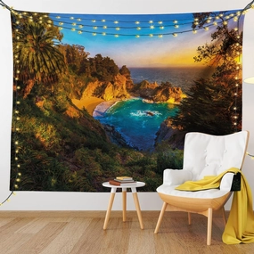 Ambesonne Big Sur Tapestry, Carmel California Exotic Scene with McWay Falls and Tropic Botany at Dusk, Wall Hanging for Bedroom Living Room Dorm Decor, 60" X 80", Multicolor