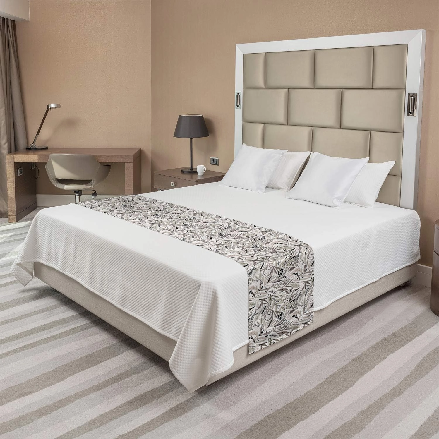 Ambesonne Forest Bed Runner, Botanical Foliage Herbs Wild Plants Leaves Autumn Fall Soft Toned, Decorative Accent Bedding Scarf for Hotels Homes and Guestrooms, Warm Taupe Dust and White