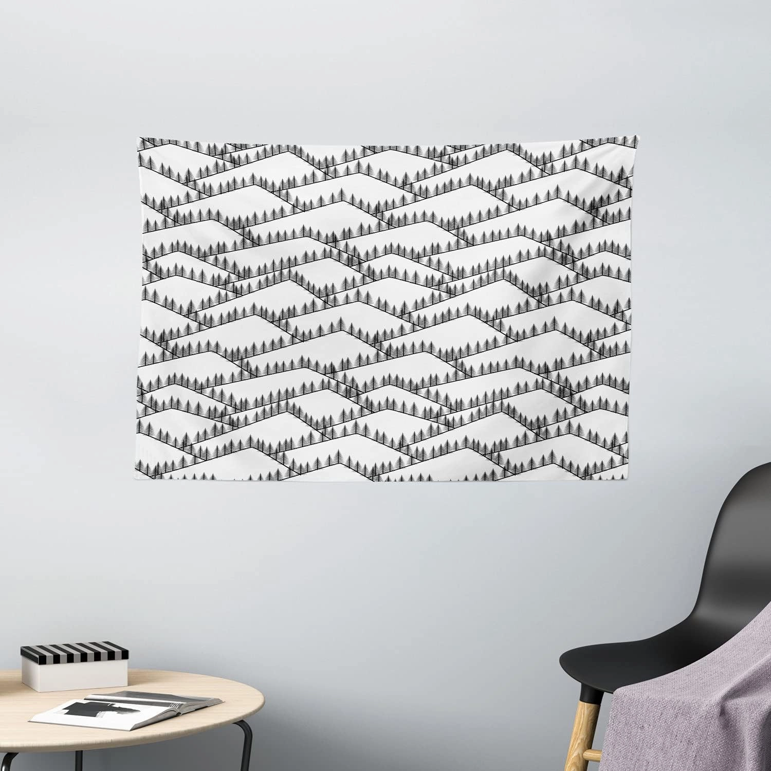Ambesonne Landscape Tapestry, Image of Triangular Shaped Mountain Ranges with Spruce Trees on Top, Wide Wall Hanging for Bedroom Living Room Dorm, 60" X 40", White and Charcoal Grey