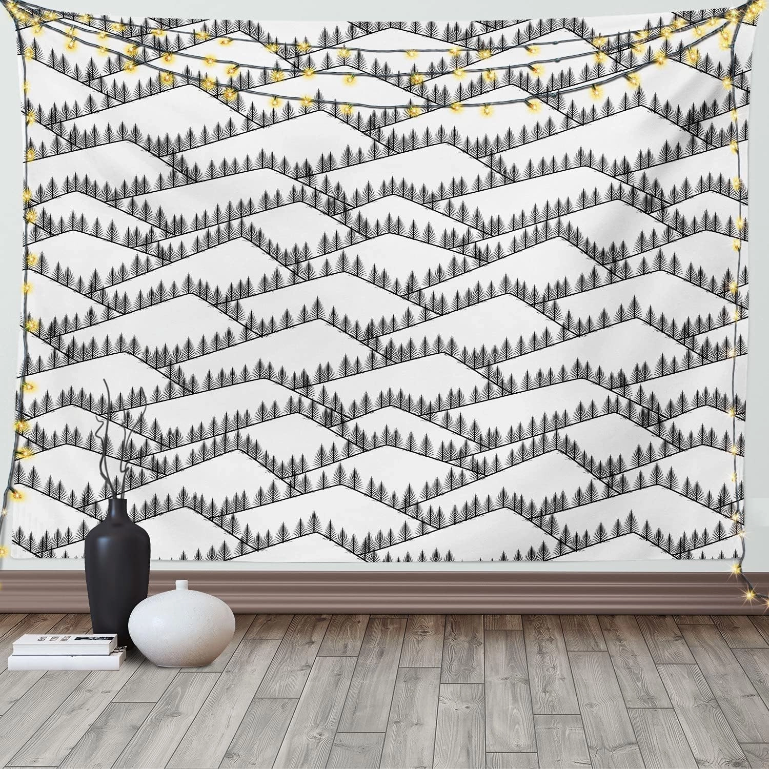 Ambesonne Landscape Tapestry, Image of Triangular Shaped Mountain Ranges with Spruce Trees on Top, Wide Wall Hanging for Bedroom Living Room Dorm, 60" X 40", White and Charcoal Grey