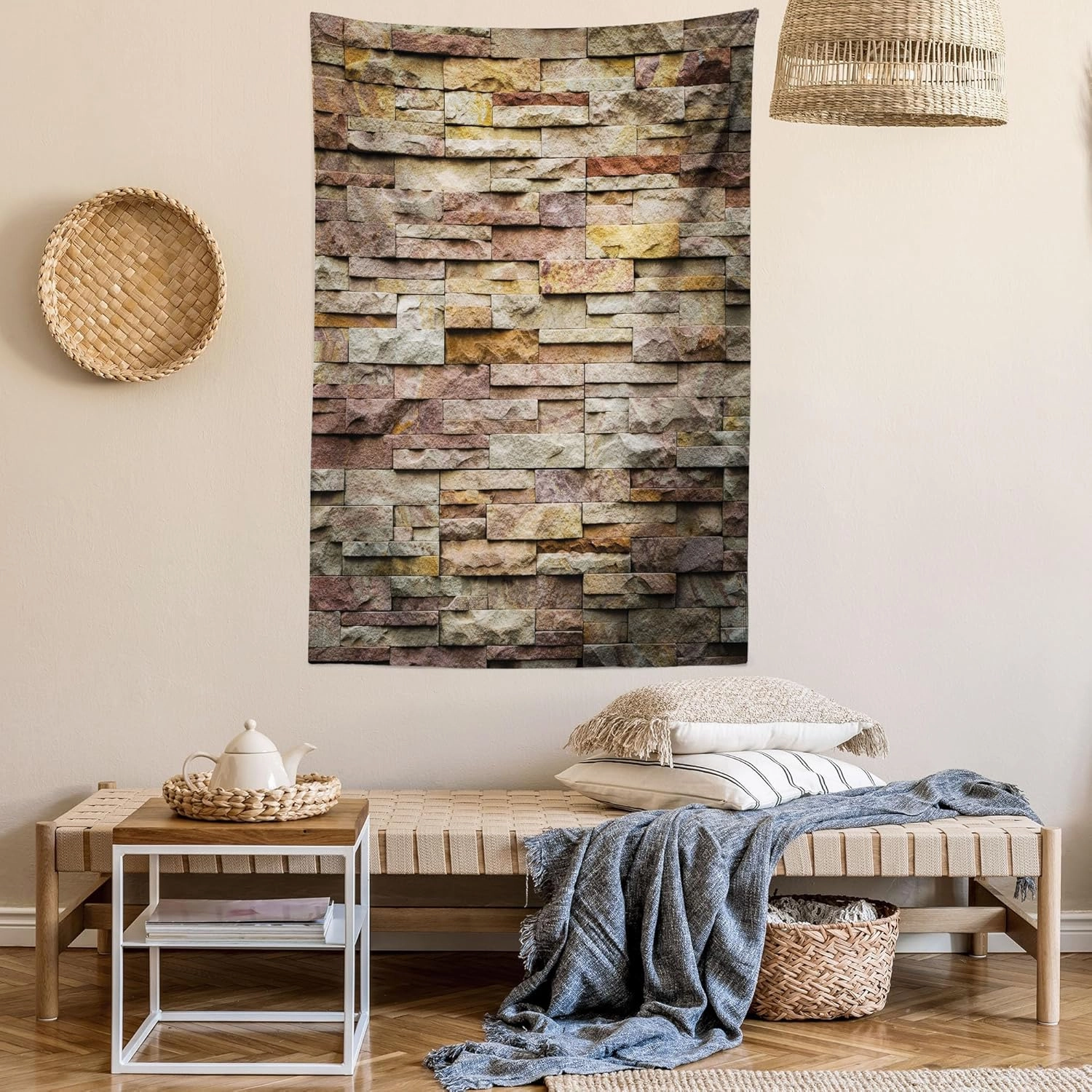 Ambesonne Marble Print Tapestry, Urban Brick Slate Stone Wall Rocks Featured Facade Architecture Town Picture, Wall Hanging for Bedroom Living Room Dorm Decor, 60" X 80", Light Brown
