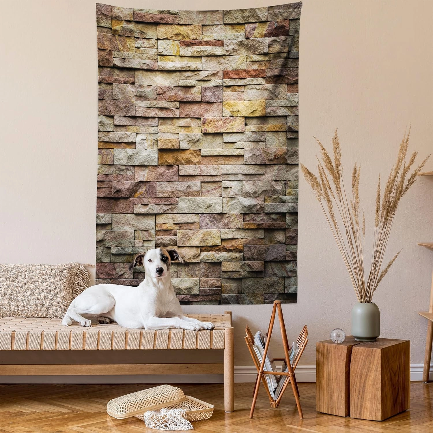 Ambesonne Marble Print Tapestry, Urban Brick Slate Stone Wall Rocks Featured Facade Architecture Town Picture, Wall Hanging for Bedroom Living Room Dorm Decor, 60" X 80", Light Brown