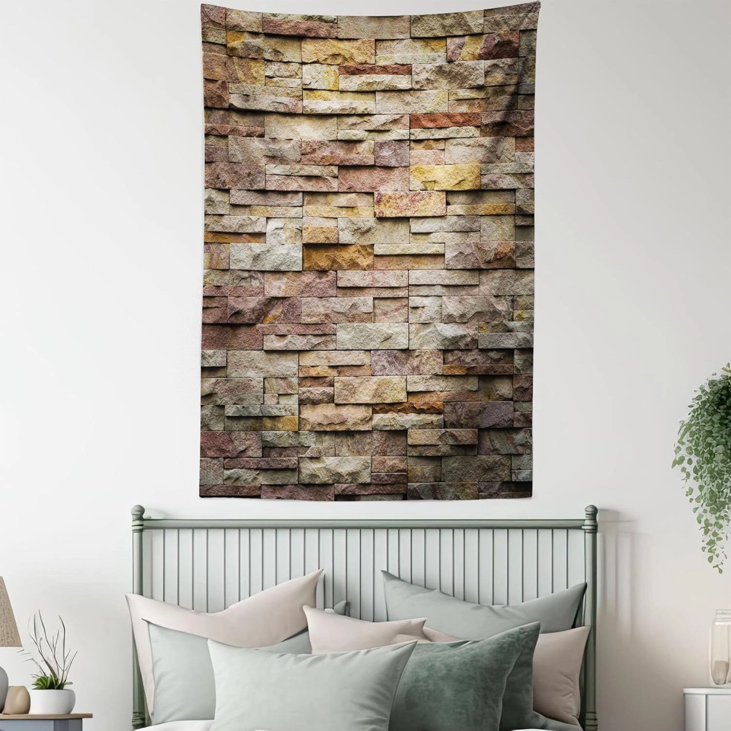 Ambesonne Marble Print Tapestry, Urban Brick Slate Stone Wall Rocks Featured Facade Architecture Town Picture, Wall Hanging for Bedroom Living Room Dorm Decor, 60" X 80", Light Brown