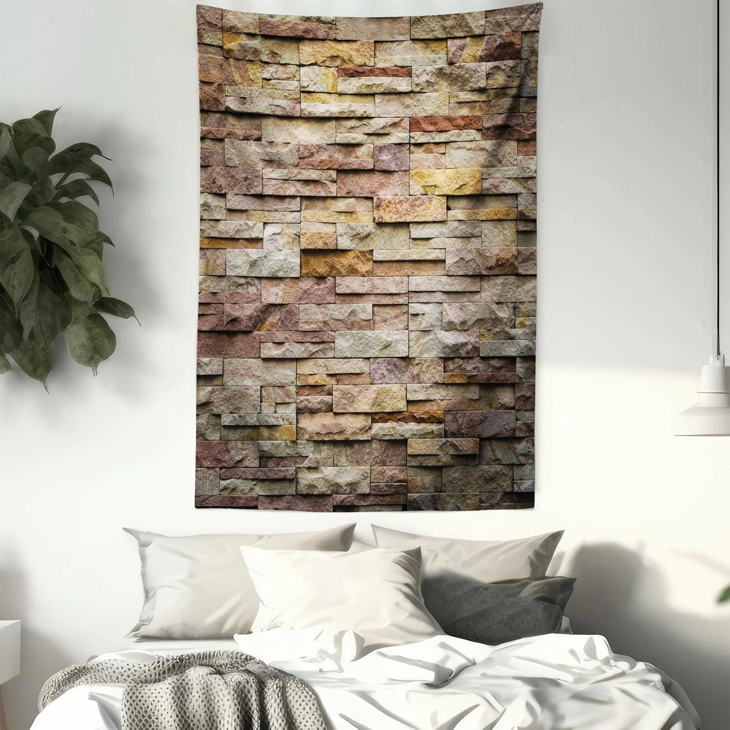 Ambesonne Marble Print Tapestry, Urban Brick Slate Stone Wall Rocks Featured Facade Architecture Town Picture, Wall Hanging for Bedroom Living Room Dorm Decor, 60" X 80", Light Brown