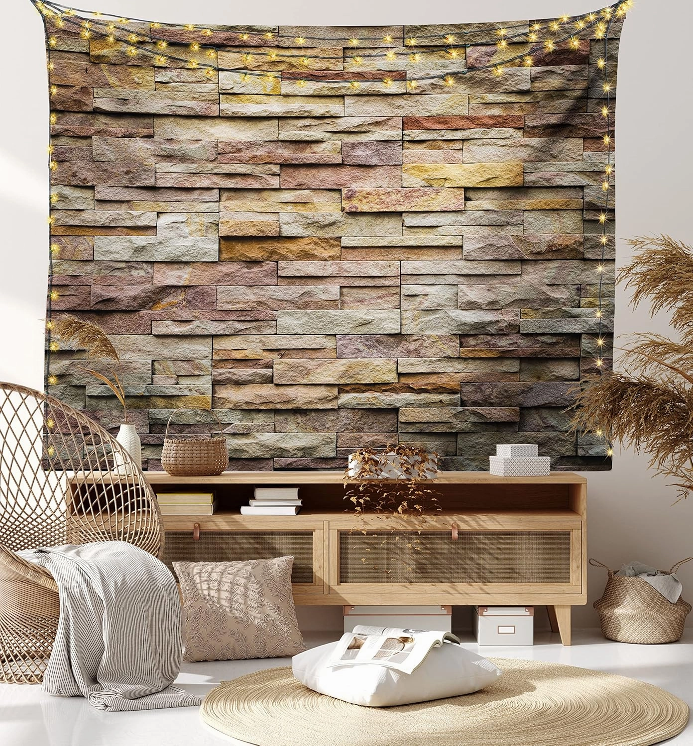 Ambesonne Marble Print Tapestry, Urban Brick Slate Stone Wall Rocks Featured Facade Architecture Town Picture, Wall Hanging for Bedroom Living Room Dorm Decor, 60" X 80", Light Brown