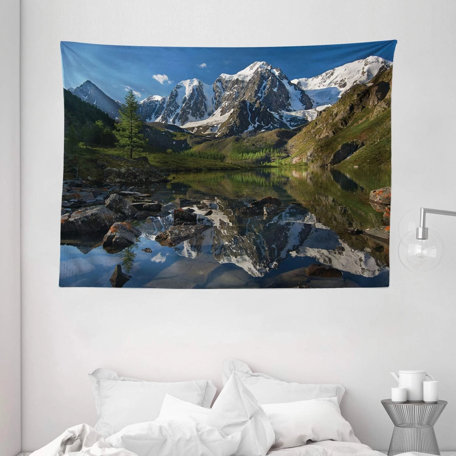 Ambesonne Mountain Range Tapestry, Pastoral Nature Snowy Alps Peaks with Lake Creek River Idyllic Spring Scene, Wide Wall Hanging for Bedroom Living Room Dorm, 80" X 60", Green White