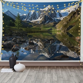Ambesonne Mountain Range Tapestry, Pastoral Nature Snowy Alps Peaks with Lake Creek River Idyllic Spring Scene, Wide Wall Hanging for Bedroom Living Room Dorm, 80" X 60", Green White