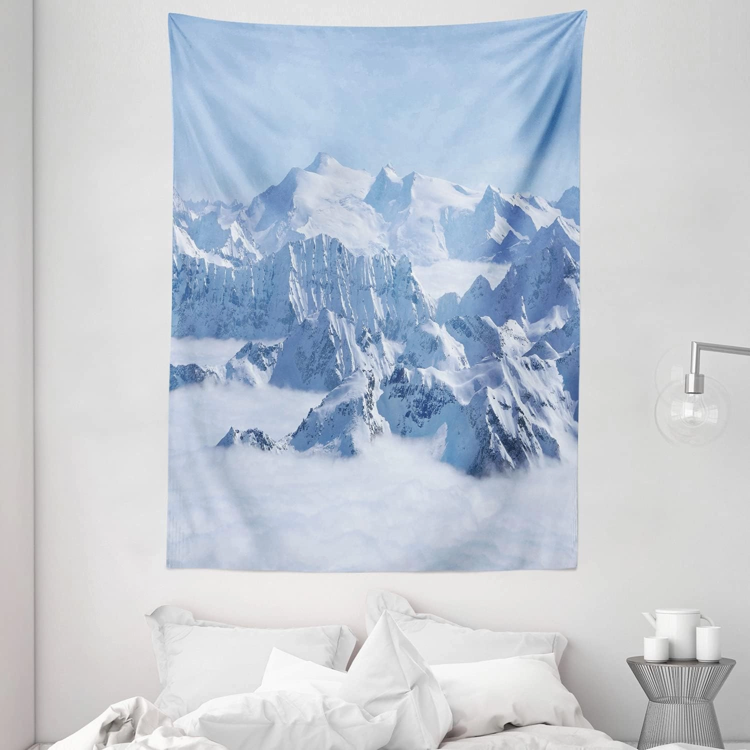 Ambesonne Mountain Tapestry, Snowy Summit of Alps over the Clouds Scenery at Winter Wilderness in the Nature, Wall Hanging for Bedroom Living Room Dorm Decor, 60" X 80", White Blue