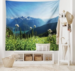 Ambesonne Nature Tapestry, Diablo Lake Mountains Dandelions Thistle Flowers Wilderness Nature Image, Wide Wall Hanging for Bedroom Living Room Dorm, 60" X 40", Sky Blue Green