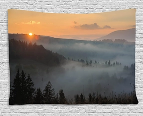 Ambesonne Nature Tapestry, Morning at Foggy Mountain Range Sunrise Pine Tree Forest Dramatic Misty Sky Scenery, Wide Wall Hanging for Bedroom Living Room Dorm, 80" X 60", Orange Green
